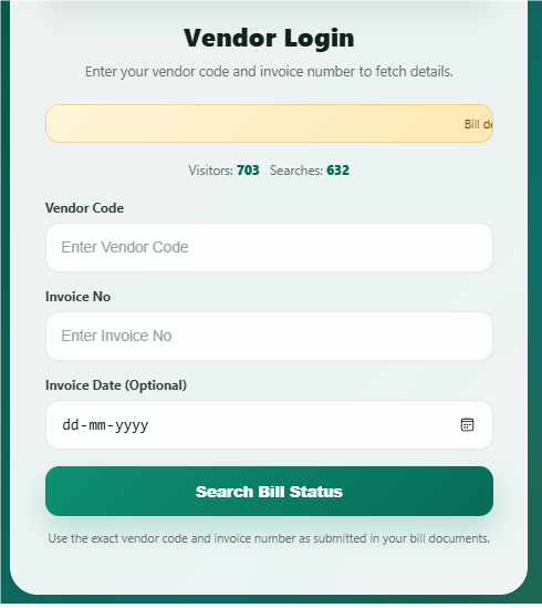 Vendor bill search screen with vendor code and invoice search fields.